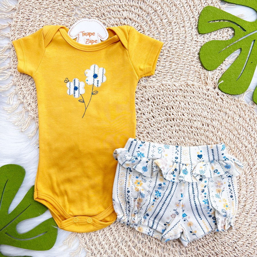 Conj. Body Duas Flores e Short Floral Tropical - Mostarda e Off White